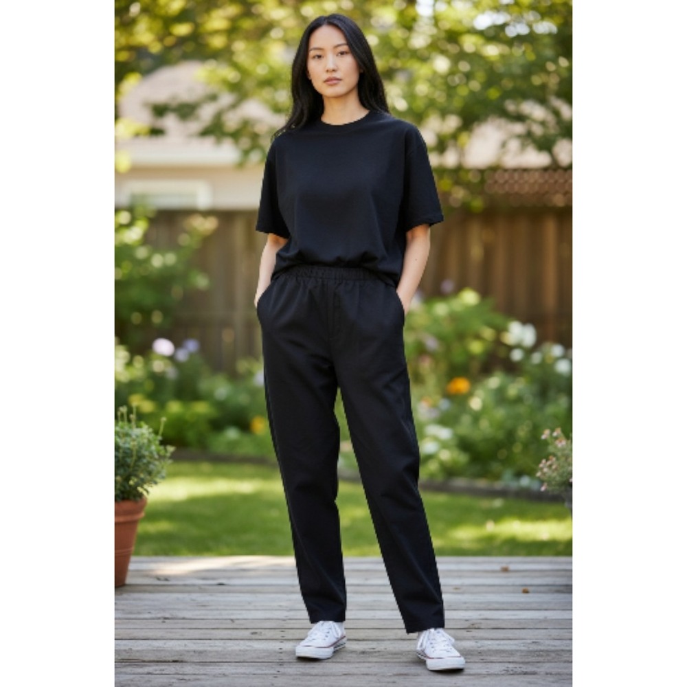 Womens Black Elastic Waist Tapered Pull On Trousers Casual Minimalist Pants